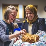 Two women smiling and laughing with baked bread